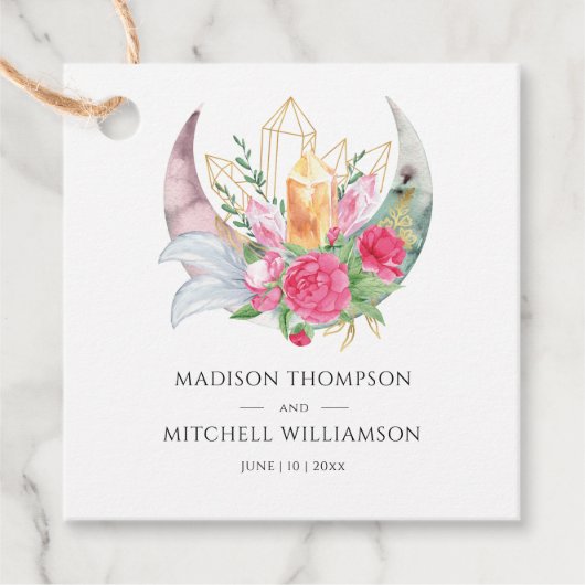 Boho Moon Crystals羽ピンクの花結婚の花 フェイバータグ (正面)