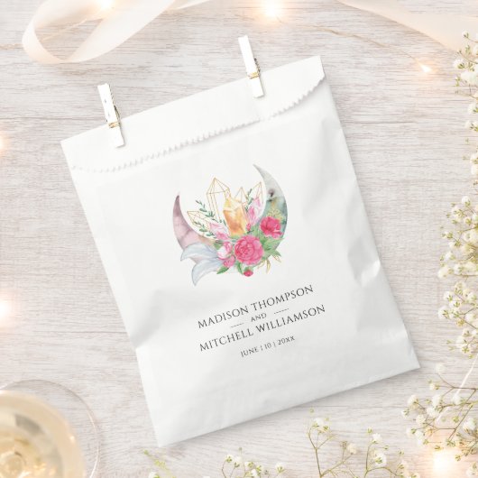 Boho Moon Crystals羽ピンクの花結婚の花 フェイバーバッグ (クリップ留めされた状態)