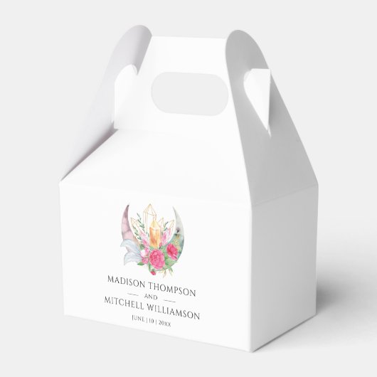 Boho Moon Crystals羽ピンクの花結婚の花 フェイバーボックス (正面サイド)