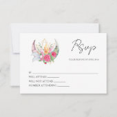 Boho Moon Crystals羽ピンクの花結婚の花 出欠カード (正面)