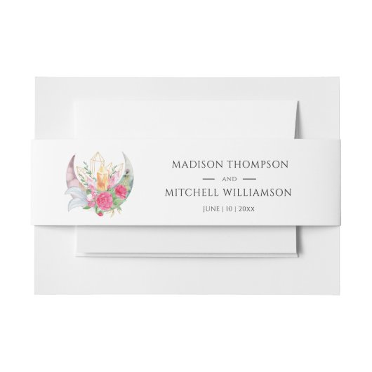 Boho Moon Crystals羽ピンクの花結婚の花 招待状ベリーバンド (正面例)