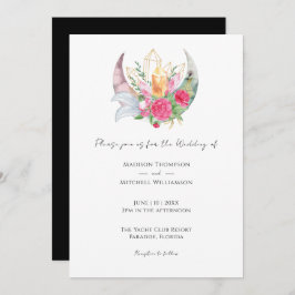 Boho Moon Crystals羽ピンクの花結婚の花 招待状