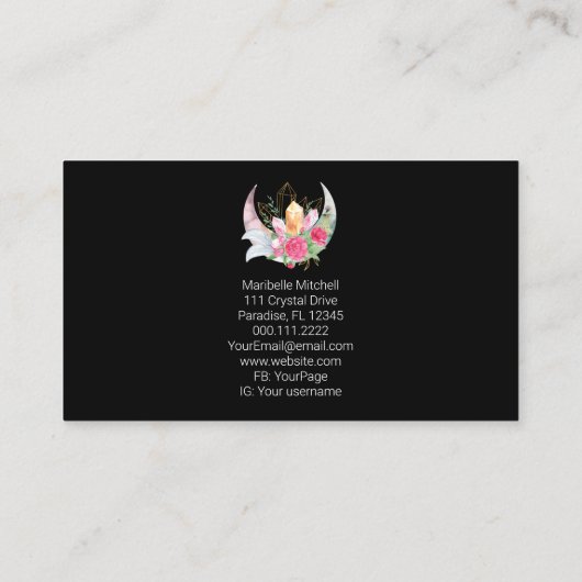 Boho Moon Crystals羽フラワーフェザー写真 名刺 (裏面)