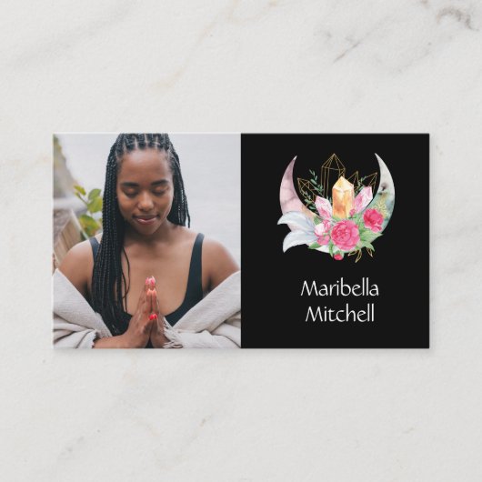 Boho Moon Crystals羽毛ピンクの花フォト 名刺 (正面)