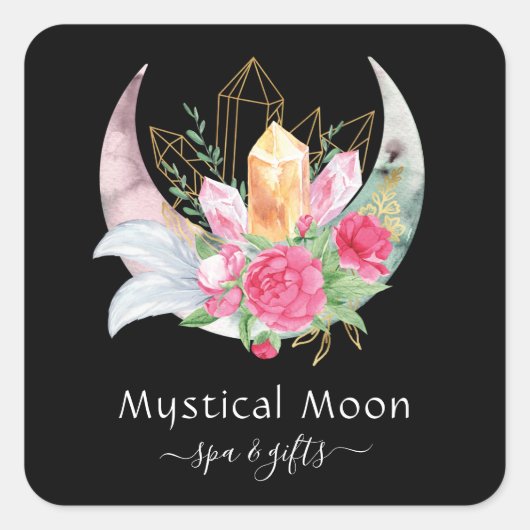 Boho Moon Crystals羽毛ピンクの花Esoteric スクエアシール (正面)