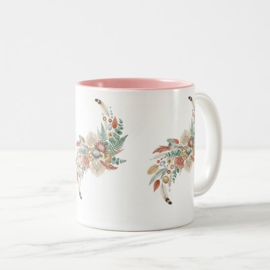 "Boho Moon Floral Mug, Macrame & Feather Cup ツートーンマグカップ (正面右)