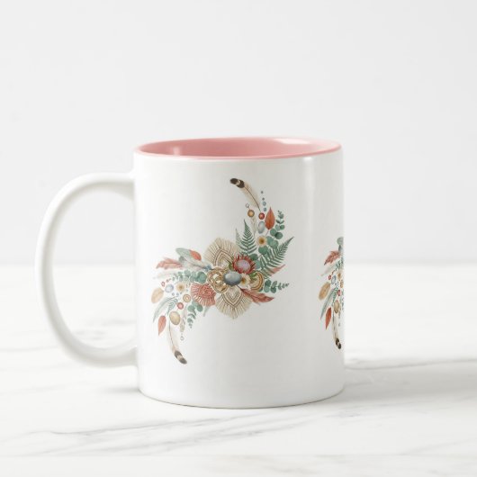 "Boho Moon Floral Mug, Macrame & Feather Cup ツートーンマグカップ (左)