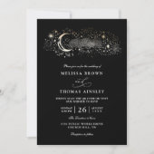 Boho Moon Stars Celestial Black QR Code Wedding 招待状 (正面)