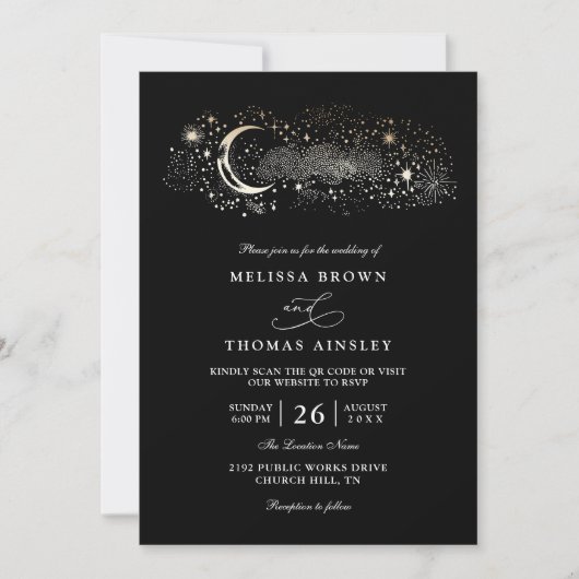 Boho Moon Stars Celestial Black QR Code Wedding 招待状 (正面)