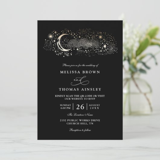 Boho Moon Stars Celestial Black QR Code Wedding 招待状 (スタンド正面)