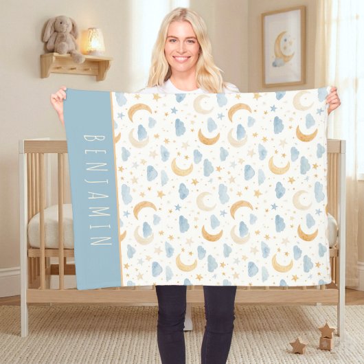 Boho Moon Stars Cloud Kids Monogram フリースブランケット