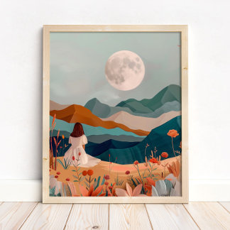 Boho Moonlit Desert Landscape Wall Art Print ポスター
