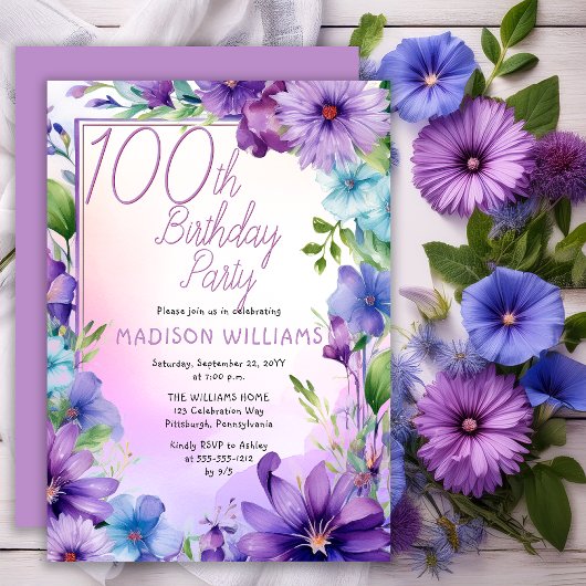 Boho Morning Glories Floral 100th Birthday Party 招待状