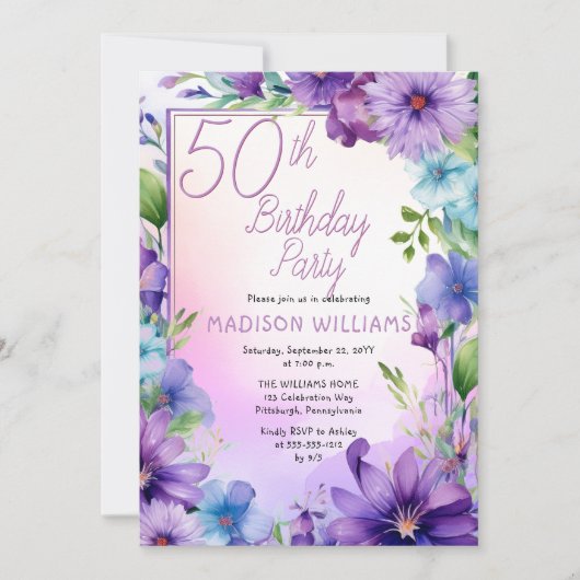 Boho Morning Glories Floral 50th Birthday Party 招待状 (正面)