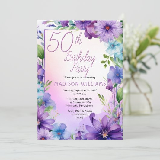 Boho Morning Glories Floral 50th Birthday Party 招待状 (スタンド正面)