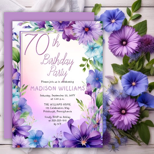 Boho Morning Glories Floral 70th Birthday Party 招待状