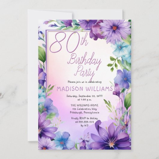 Boho Morning Glories Floral 80th Birthday Party 招待状 (正面)