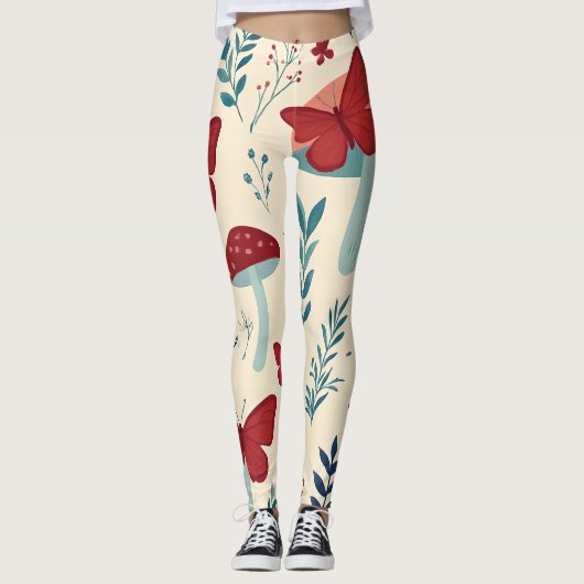 Boho Mushrooms & Butterflies Leggings レギンス (正面)