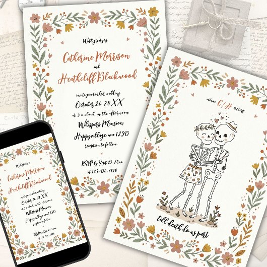 Boho Naive Art Style Skeleton Wedding 招待状