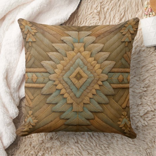 Boho Navajo Feather Pattern Throw Pillow クッション (ブランケット)