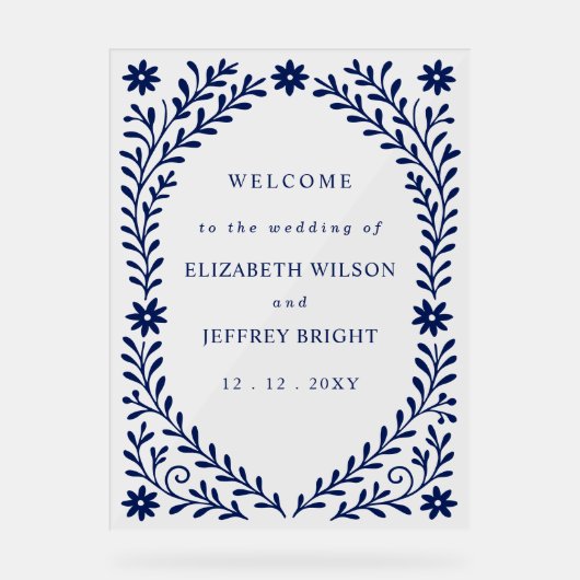 Boho Navyフローラ結婚の歓迎サイン アクリルサイン (正面)