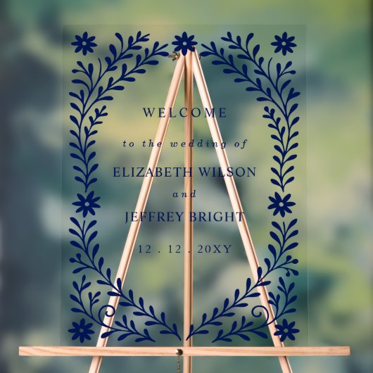 Boho Navyフローラ結婚の歓迎サイン アクリルサイン (ニュートラル)