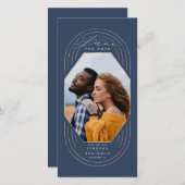 Boho Navy モダン Blueと金ゴールドの日付写真を保存 セーブザデート (正面/裏面)