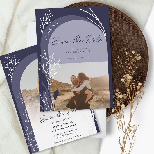 Boho navy blue photo namesスクリプトarch結婚's セーブザデート