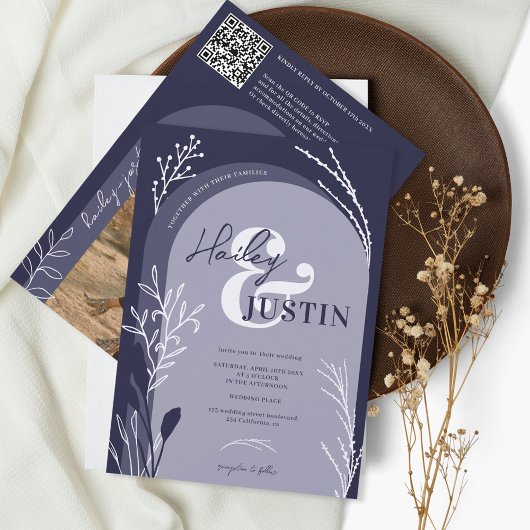 Boho navy blue photo namesスクリプトarch結婚's 招待状