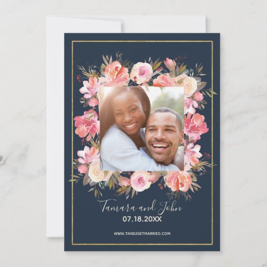 Boho Navy & CoralフローラString Lights写真 招待状 (裏面)