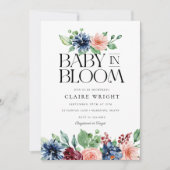 Boho Navy Pink Floral Baby in Bloom Baby Shower 招待状 (正面)