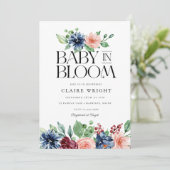 Boho Navy Pink Floral Baby in Bloom Baby Shower 招待状 (スタンド正面)