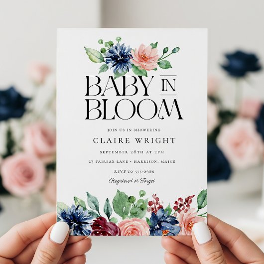 Boho Navy Pink Floral Baby in Bloom Baby Shower 招待状