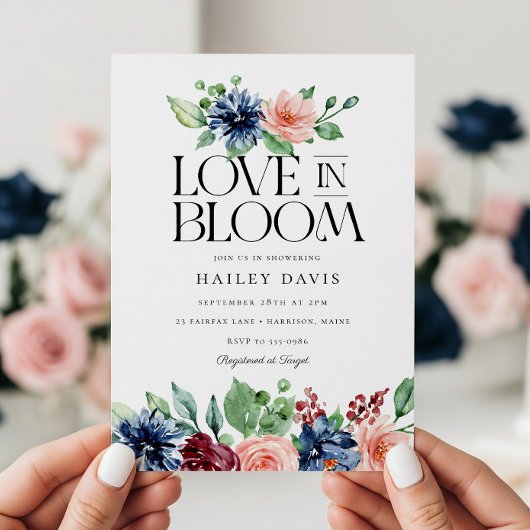 Boho Navy Pink Floral Love in Bloom Bridal Shower 招待状