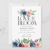 Boho Navy Pink Floral Love in Bloom Bridal Shower 招待状 (正面)