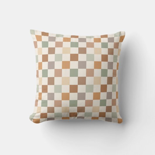 Boho Neutral Earthy Checker Checkerboard Checkered クッション (正面)