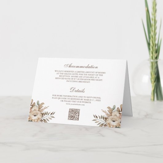 Boho Neutral Earthy Floral Taupe QR Code Wedding 招待状 (裏面)