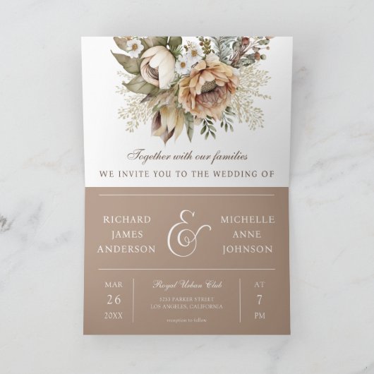 Boho Neutral Earthy Floral Taupe QR Code Wedding 招待状 (内部)