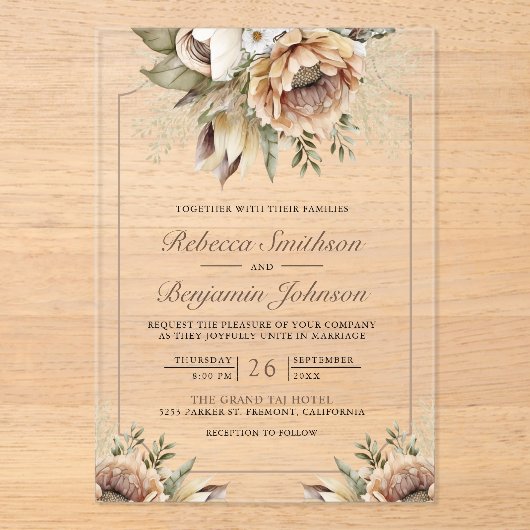 Boho Neutral Earthy Floral Taupe Wedding アクリル招待状 (正面)