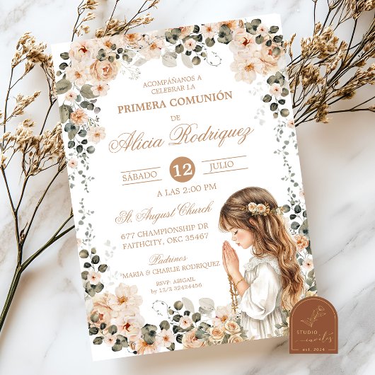 Boho Neutral Floral First Holy Communion Invitatio 招待状