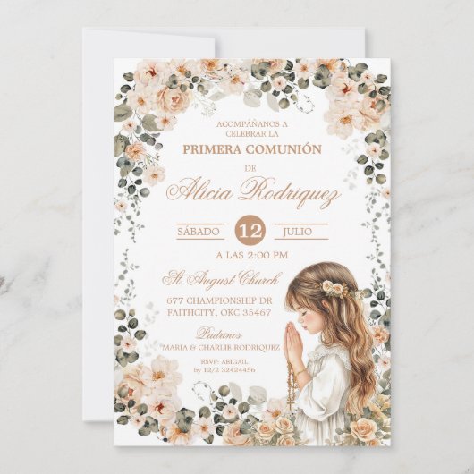 Boho Neutral Floral First Holy Communion Invitatio 招待状 (正面)