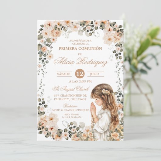Boho Neutral Floral First Holy Communion Invitatio 招待状 (スタンド正面)