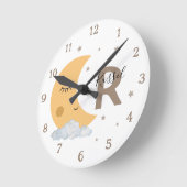Boho Neutral Moon Nursery Clock with Name Brown ラウンド壁時計 (傾斜)