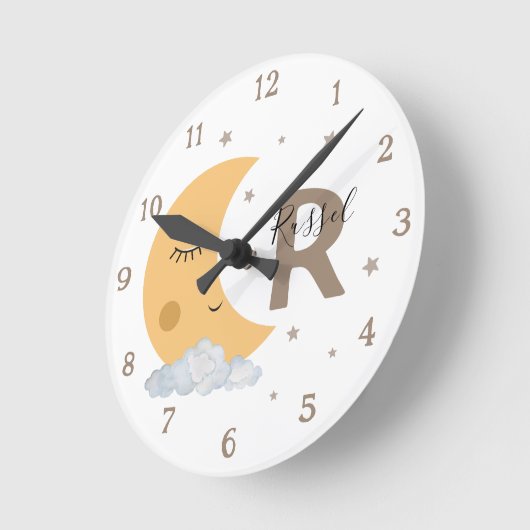 Boho Neutral Moon Nursery Clock with Name Brown ラウンド壁時計 (傾斜)