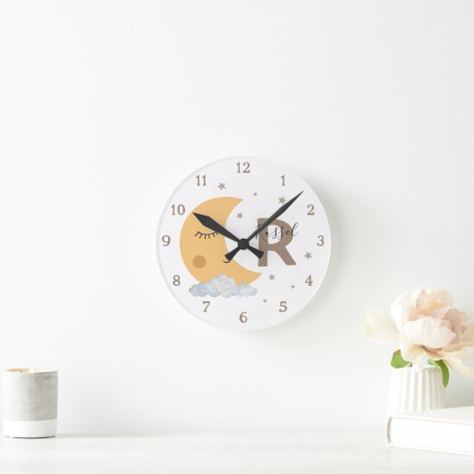Boho Neutral Moon Nursery Clock with Name Brown ラウンド壁時計 (ホーム)