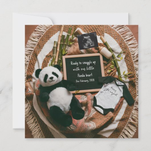 Boho Neutral Panda Pregnancy Announcement card 招待状 (正面)