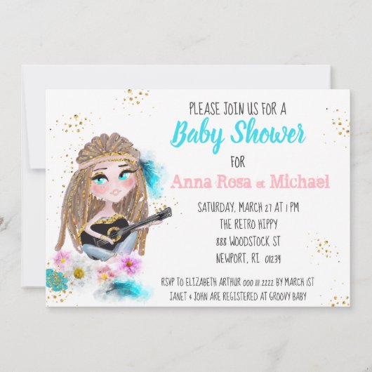 * Boho Neutral Peace & Love Hippie Baby Shower I 招待状 (裏面)