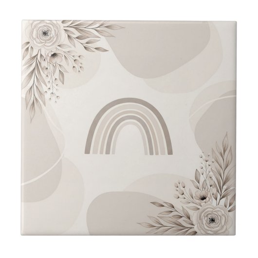 Boho Neutral Rainbow Floral Beige Taupe タイル (正面)