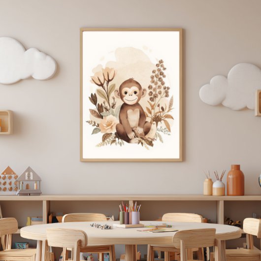 Boho Neutral  Safari Monkey Kids Nursery Art  ポスター