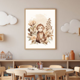 Boho Neutral  Safari Monkey Kids Nursery Art  ポスター